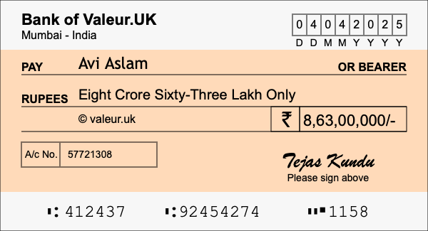 How to write a cheque for 8.63 crore rupees How to write a cheque for 8.63 crore rupees