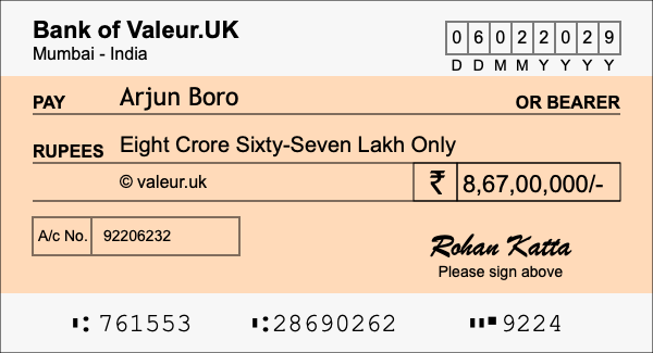 How to write a cheque for 8.67 crore rupees