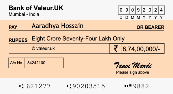 How to write a cheque for 8.74 crore rupees