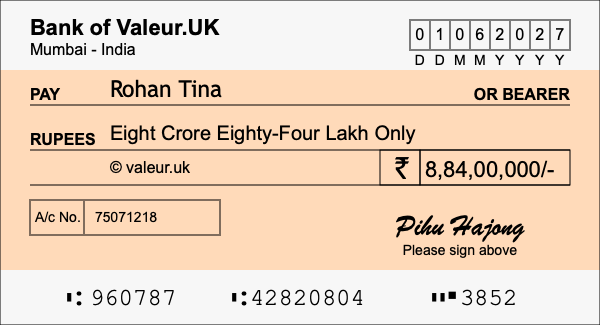 How to write a cheque for 8.84 crore rupees How to write a cheque for 8.84 crore rupees