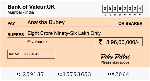How to write a cheque for 8.96 crore rupees