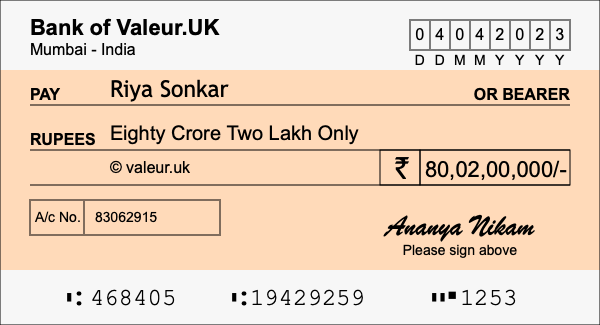 How to write a cheque for 80.02 crore rupees