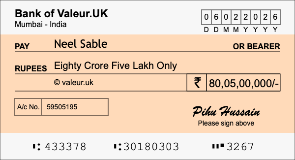 How to write a cheque for 80.05 crore rupees