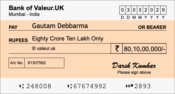 How to write a cheque for 80.1 crore rupees How to write a cheque for 80.1 crore rupees