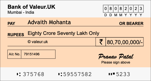 How to write a cheque for 80.7 crore rupees