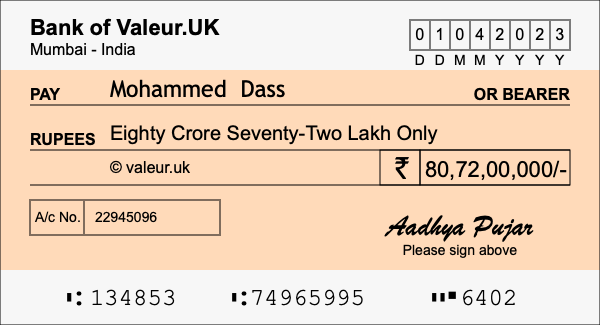 How to write a cheque for 80.72 crore rupees