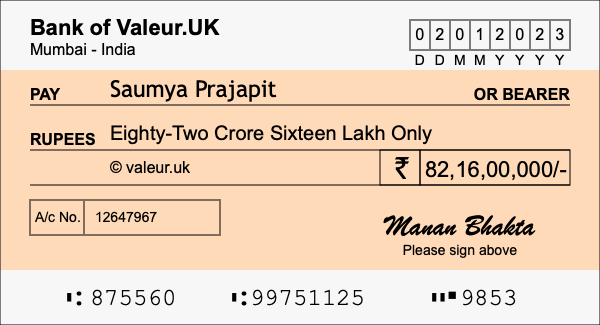 How to write a cheque for 82.16 crore rupees