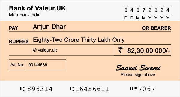 How to write a cheque for 82.3 crore rupees