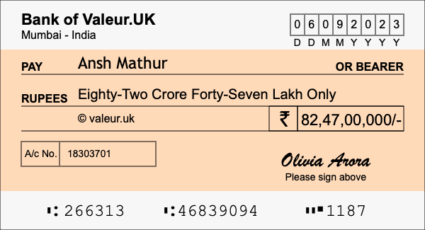 How to write a cheque for 82.47 crore rupees