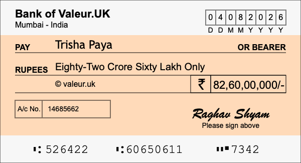 How to write a cheque for 82.6 crore rupees