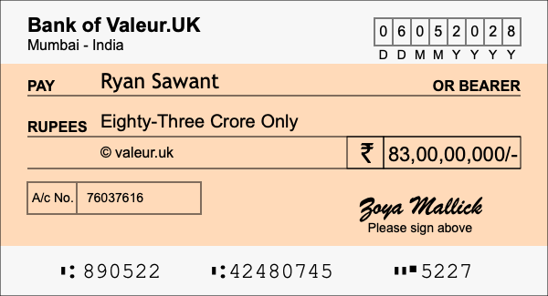 How to write a cheque for 83 crore rupees