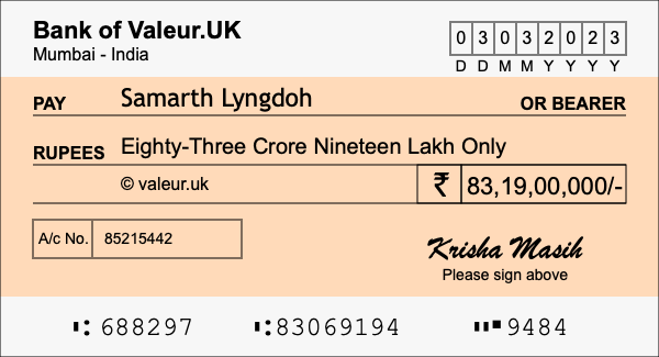How to write a cheque for 83.19 crore rupees