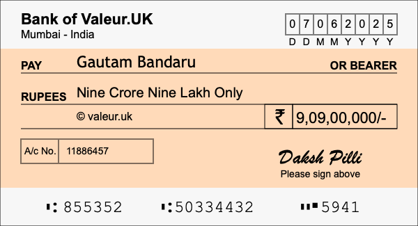 How to write a cheque for 9.09 crore rupees