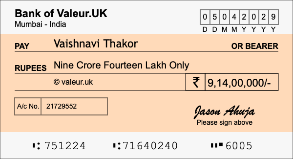 How to write a cheque for 9.14 crore rupees