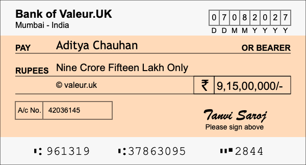 How to write a cheque for 9.15 crore rupees