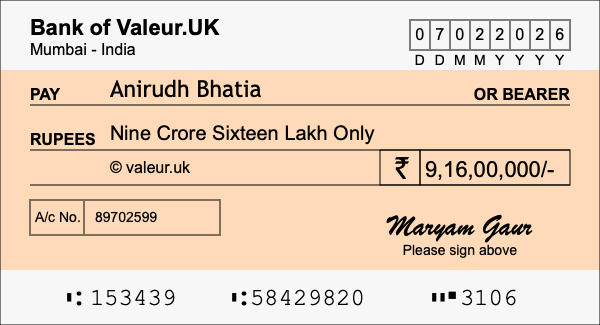 How to write a cheque for 9.16 crore rupees