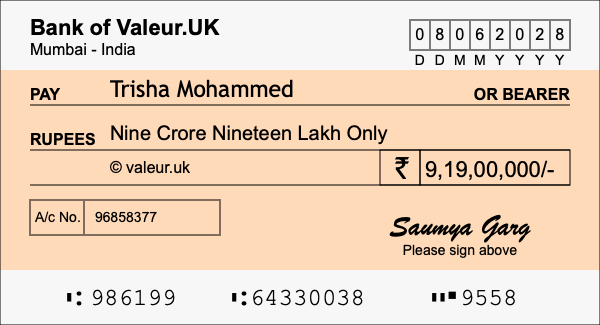 How to write a cheque for 9.19 crore rupees