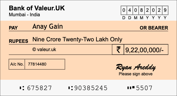 How to write a cheque for 9.22 crore rupees