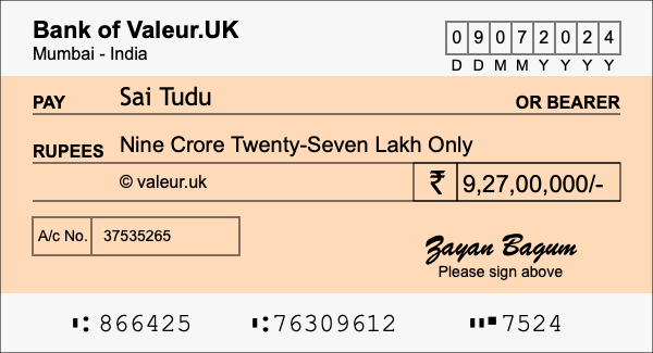 How to write a cheque for 9.27 crore rupees
