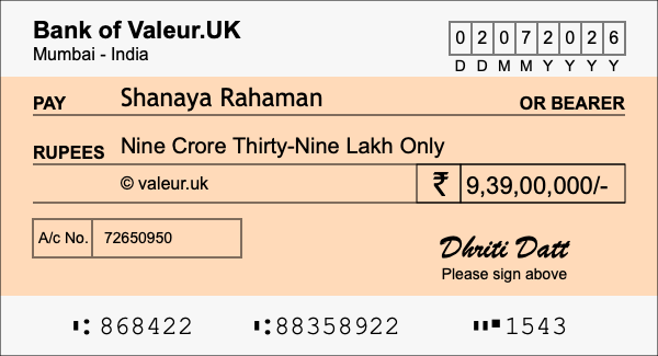 How to write a cheque for 9.39 crore rupees