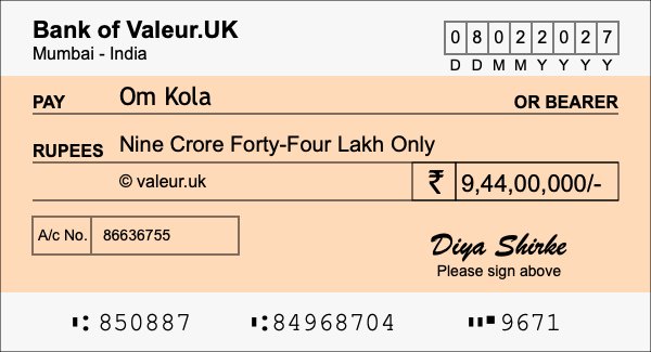 How to write a cheque for 9.44 crore rupees