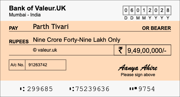 How to write a cheque for 9.49 crore rupees