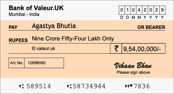 How to write a cheque for 9.54 crore rupees