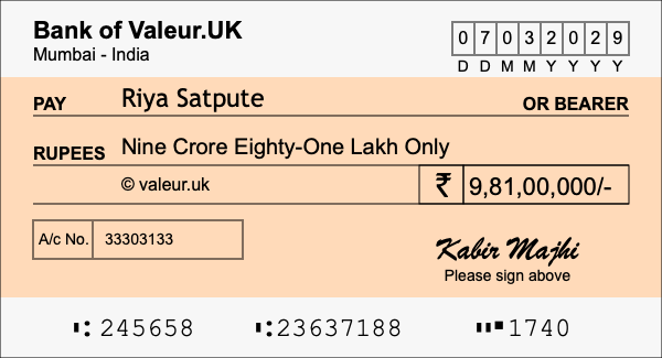 How to write a cheque for 9.81 crore rupees How to write a cheque for 9.81 crore rupees