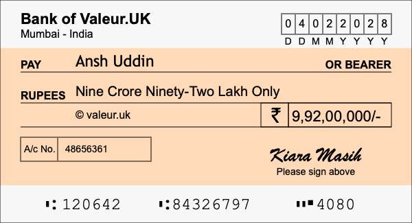 How to write a cheque for 9.92 crore rupees