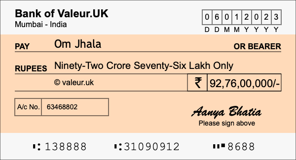 How to write a cheque for 92.76 crore rupees How to write a cheque for 92.76 crore rupees