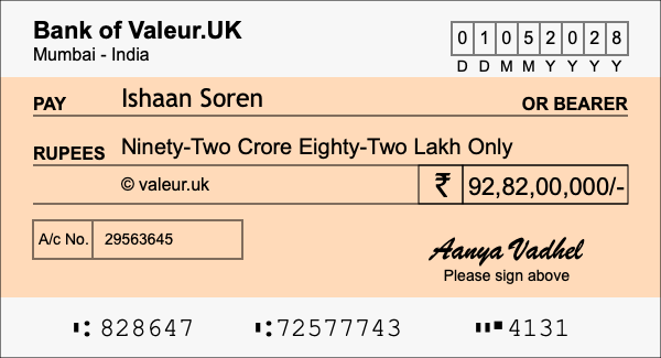 How to write a cheque for 92.82 crore rupees How to write a cheque for 92.82 crore rupees