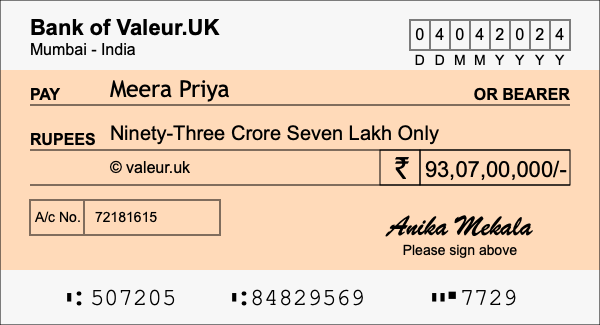 How to write a cheque for 93.07 crore rupees