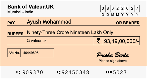 How to write a cheque for 93.19 crore rupees