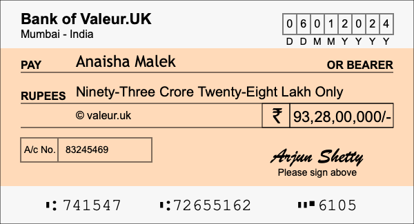 How to write a cheque for 93.28 crore rupees How to write a cheque for 93.28 crore rupees