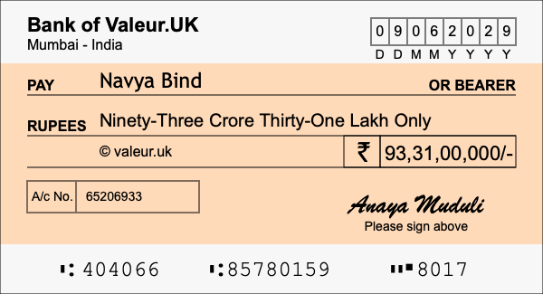 How to write a cheque for 93.31 crore rupees How to write a cheque for 93.31 crore rupees