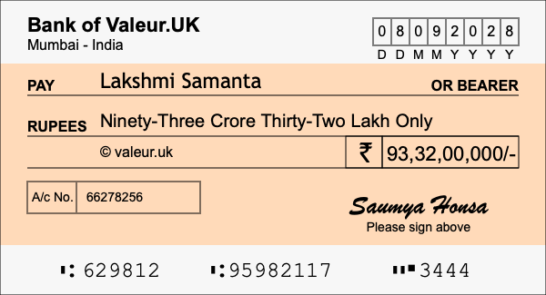 How to write a cheque for 93.32 crore rupees