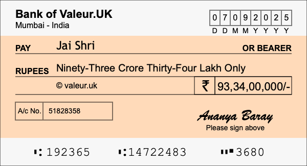 How to write a cheque for 93.34 crore rupees How to write a cheque for 93.34 crore rupees
