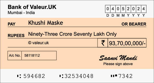 How to write a cheque for 93.7 crore rupees How to write a cheque for 93.7 crore rupees