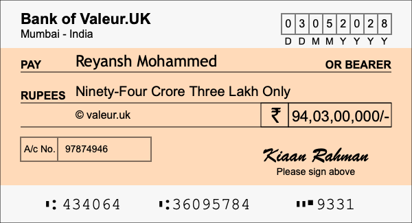How to write a cheque for 94.03 crore rupees How to write a cheque for 94.03 crore rupees
