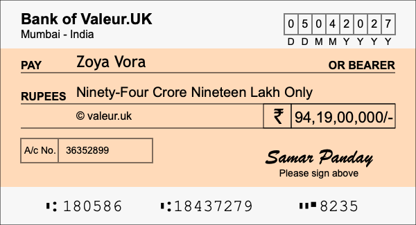 How to write a cheque for 94.19 crore rupees How to write a cheque for 94.19 crore rupees