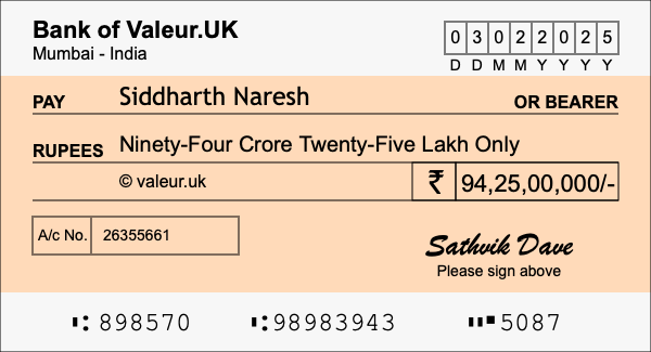 How to write a cheque for 94.25 crore rupees How to write a cheque for 94.25 crore rupees