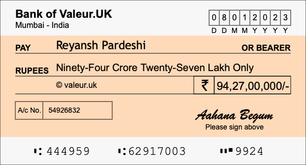 How to write a cheque for 94.27 crore rupees How to write a cheque for 94.27 crore rupees
