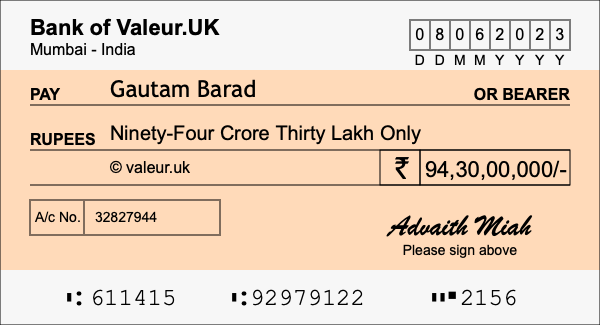 How to write a cheque for 94.3 crore rupees How to write a cheque for 94.3 crore rupees