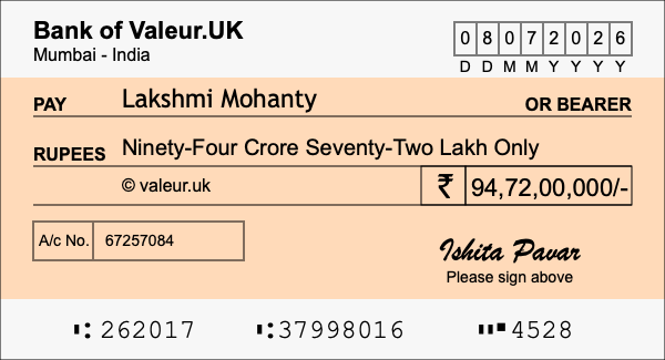 How to write a cheque for 94.72 crore rupees