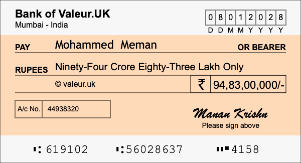 How to write a cheque for 94.83 crore rupees