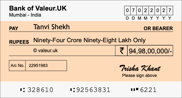 How to write a cheque for 94.98 crore rupees