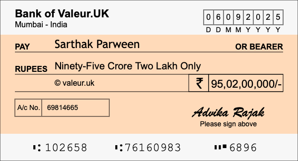 How to write a cheque for 95.02 crore rupees