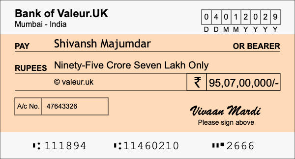 How to write a cheque for 95.07 crore rupees