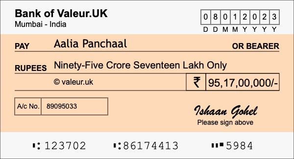 How to write a cheque for 95.17 crore rupees