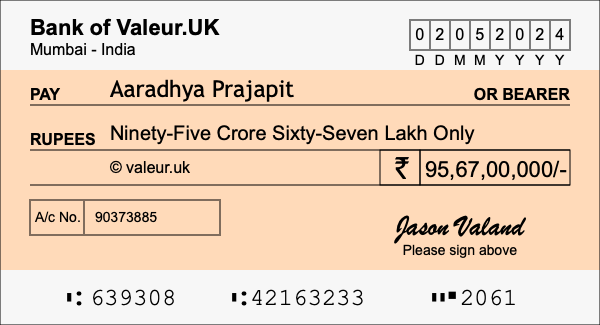 How to write a cheque for 95.67 crore rupees